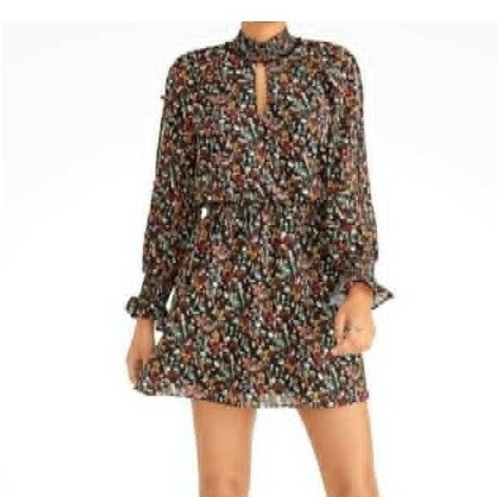 Rachel Roy Knee Length/Mini Black Floral Keyhole Dress Smocked Neckline‎ Large